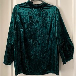 Ellos green crushed velvet, bell sleeve blouse